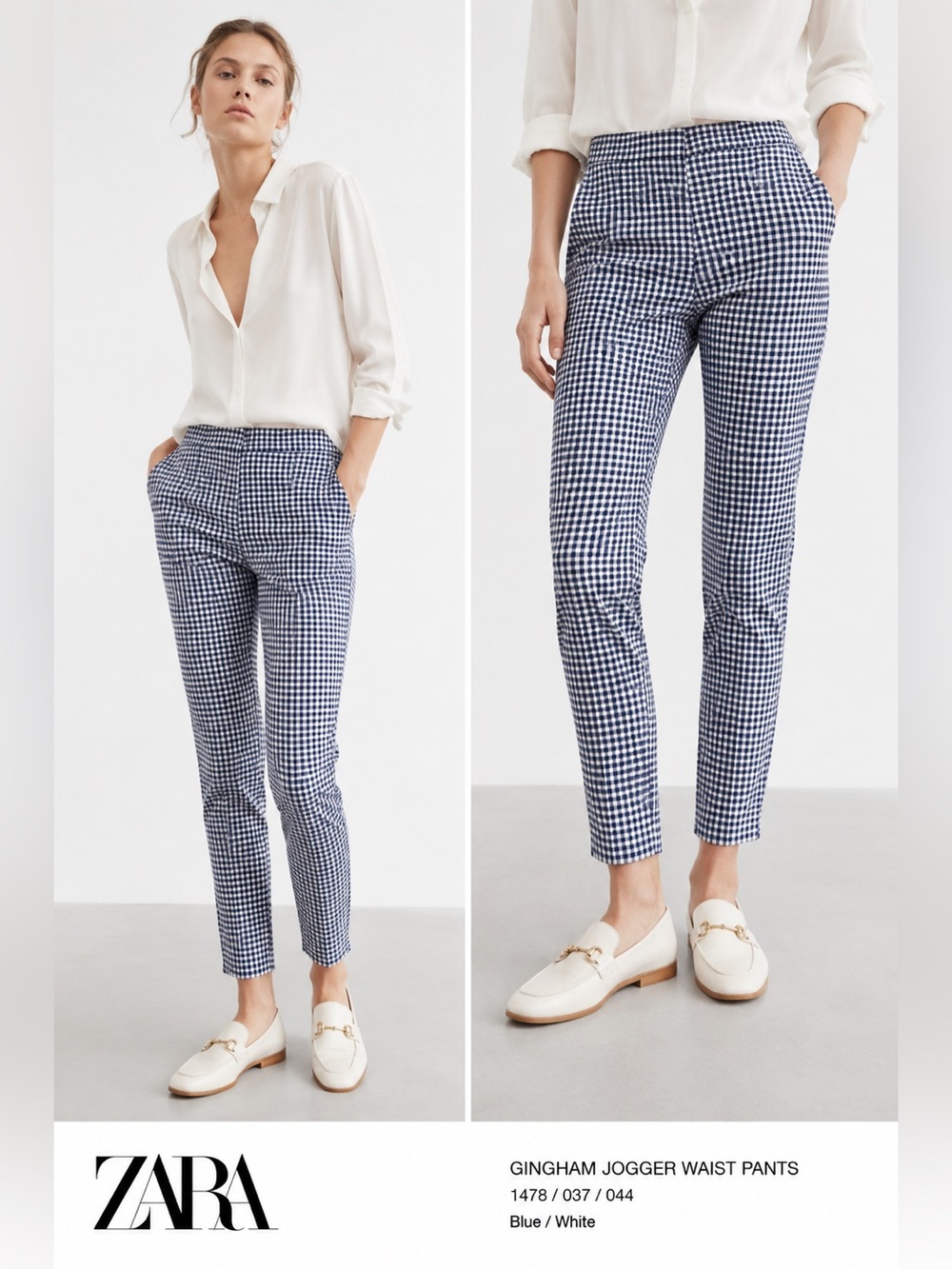 BNWT Zara Blue White Gingham Ankle Trousers Jogger Waist Pant